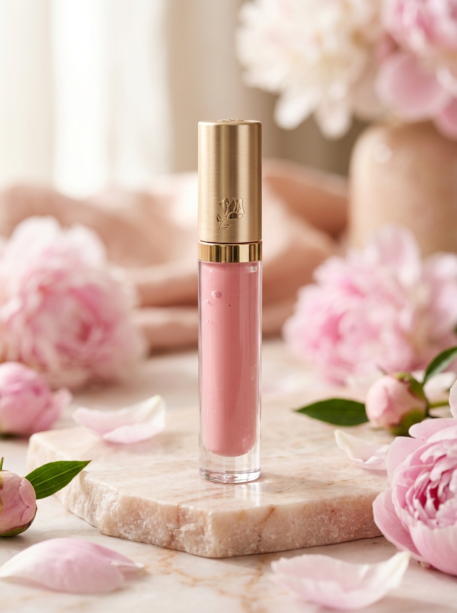 Petalé Gloss Bloom tube with soft pink peony petals