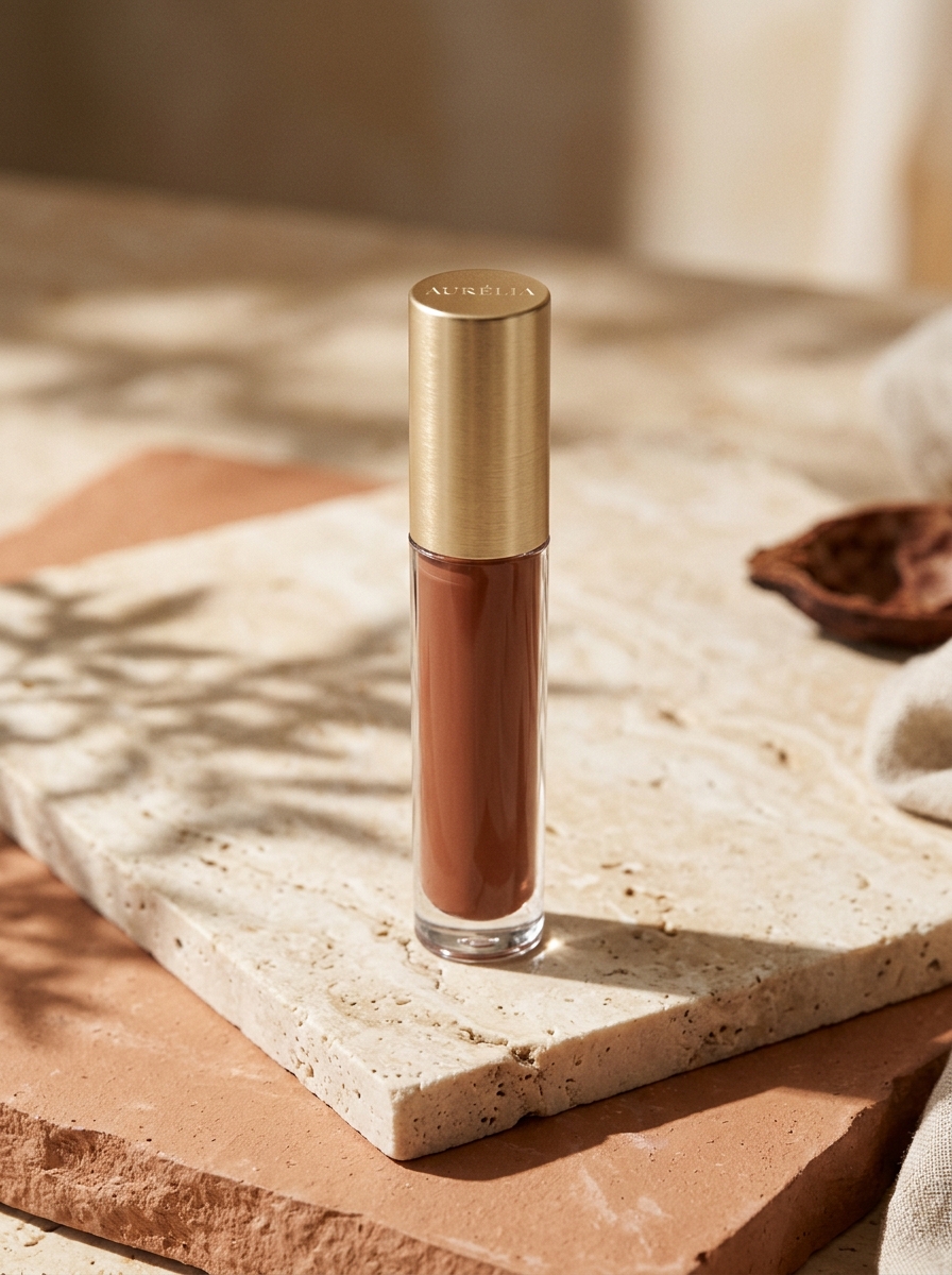 Petalé Gloss Cacao Suede tube on warm travertine