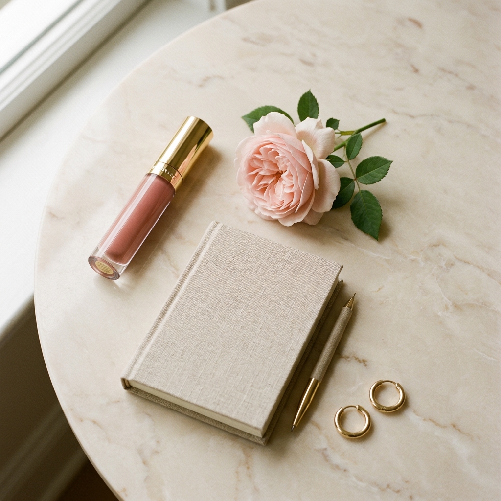 Aesthetic vanity flatlay with Petalé gloss tube and rose