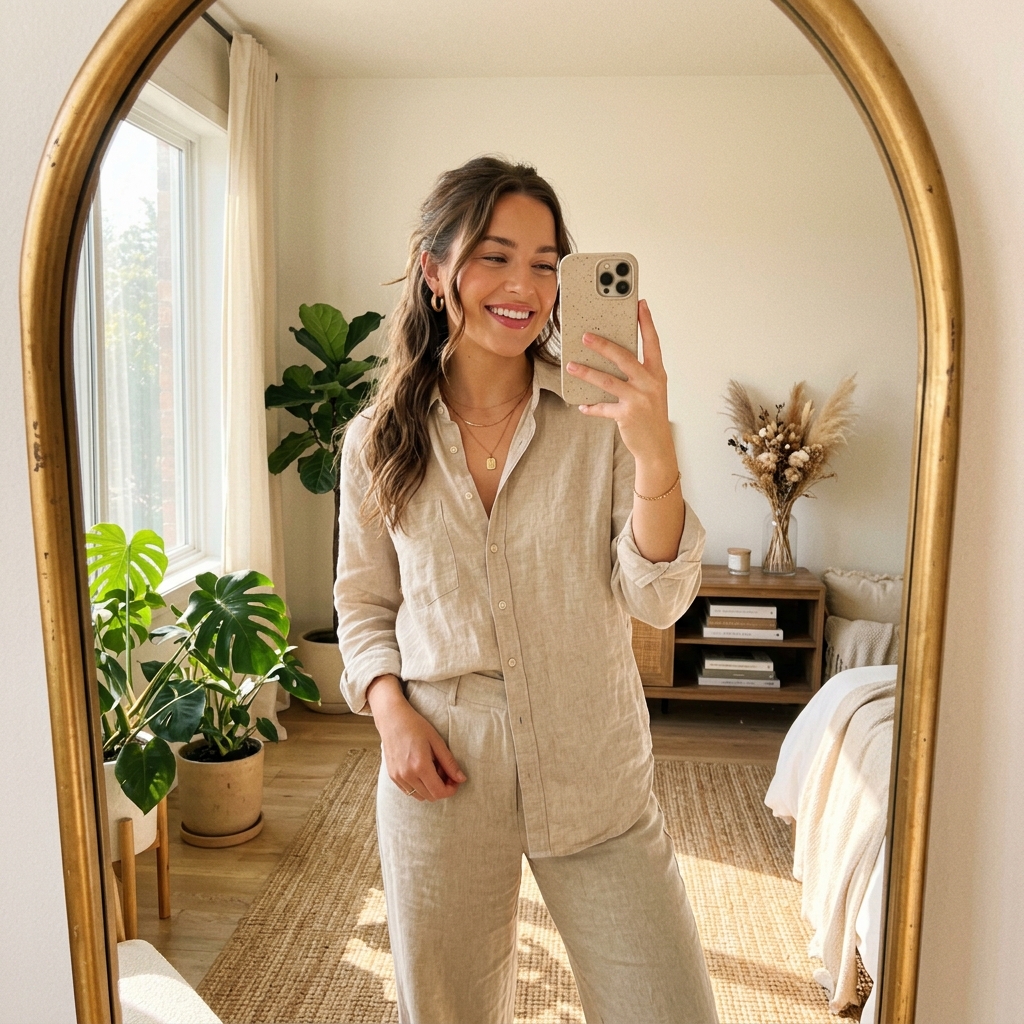Sunlit mirror selfie wearing Petalé gloss