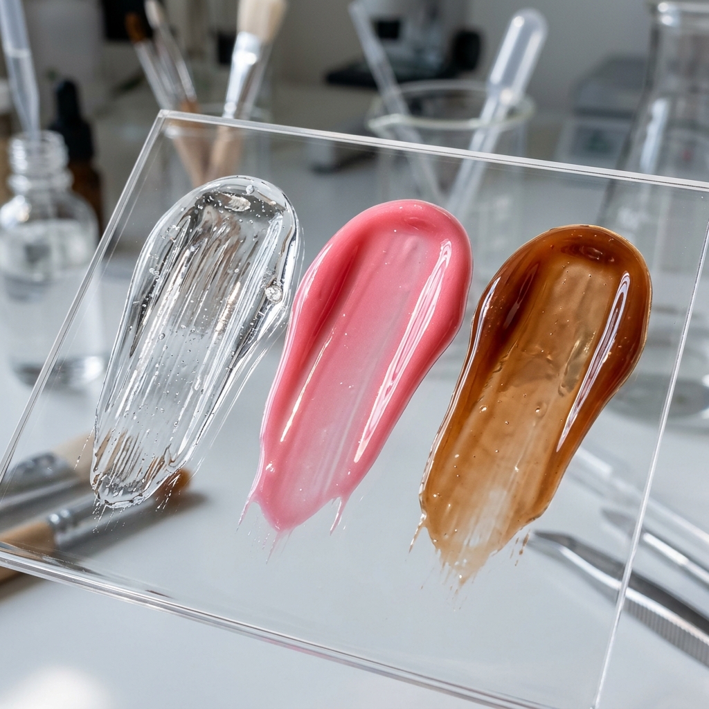 Gloss texture swatches on acrylic plate showing clear, pink, and cacao